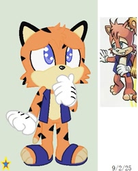 Size: 425x526 | Tagged: safe, artist:paige-the-unicorn, artist:triplestar2118, 2025, base used, clothes, covering mouth, gilet, gloves, looking offscreen, paws, redesign, reference inset, sandals, shoes, signature, snaggle the tiger, solo, standing, tiger
