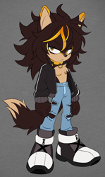 Size: 1952x3272 | Tagged: safe, artist:omorfia-moria, oc, 2025, chest fluff, choker, clenched fists, frown, fur markings, hair, jacket, jeans, lidded eyes, long hair, looking at viewer, male, oc only, open jacket, ripped pants, shoes, solo, solo male, standing, top surgery scars, topless, trans male, transgender, unnamed oc