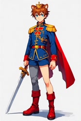 Size: 512x768 | Tagged: safe, ai art, elias acorn, human, asymmetrical clothes, asymmetrical legwear, belt, blue eyes, boots, brown hair, cape, crown, humanized, jacket, male, shorts, single leg pantyhose, sword