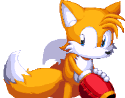 Size: 498x388 | Tagged: safe, miles "tails" prower, fox, animated, arm cannon, looking back, male, pixelated, solo, transparent background, wagging tail, weapon