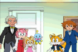 Size: 498x334 | Tagged: safe, amy rose, cheese (chao), chris thorndyke, cream the rabbit, miles "tails" prower, chao, fox, hedgehog, human, rabbit, animated, chuck thorndyke, dress, group, looking at viewer, male, screencap, sonic x, suit, surprised, tuxedo