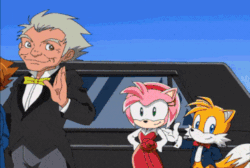 Size: 374x251 | Tagged: safe, amy rose, cheese (chao), chris thorndyke, cream the rabbit, miles "tails" prower, chao, fox, hedgehog, human, rabbit, camera, car, chuck thorndyke, clothes, dress, flashing, journalist, limosine, photographer, screencap, sonic x, taking picture, vehicle