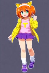 Size: 512x768 | Tagged: safe, ai art, tania the hedgehog, human, female, humanized, jacket, orange hair, rainbow eyes, shirt, shoes, skirt, socks