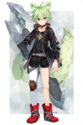 Size: 512x768 | Tagged: safe, ai art, oc, oc:durian the quilladillo, human, asymmetrical clothes, asymmetrical legwear, blue eyes, boots, green hair, heterochromia, humanized, jacket, male, red eyes, shirt, shorts, single leg pantyhose