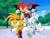 Size: 1000x750 | Tagged: safe, artist:y-firestar, oc, oc:frosty the arctic fox, oc:goldy the wild cat, oc:rey the dragon, cat, fox, 2020, abstract background, arctic fox, beanbrows, building, clenched fists, clothes, daytime, dragon, ear fluff, eyelashes, eyewear on head, fake screenshot, flying, fur markings, goggles, goggles on head, looking ahead, mid-air, outdoors, running, shoes, smile, socks, sonic x style, street light, tree, trio, wild cat, yellow sclera
