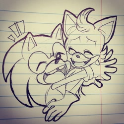 Size: 1280x1280 | Tagged: safe, artist:stingybee365, manik acorn, skye prower, fox, hedgehog, 2015, duo, eyes closed, happy, hugging, line art, lined paper, missing tooth, mobius: 25 years later, mouth open, next generation, open smile, smile, traditional media
