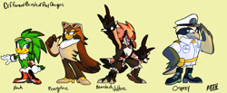 Size: 1280x528 | Tagged: safe, artist:artisyone, jet the hawk, oc, bird, 2022, bearded vulture, clothes, devil horns (gesture), english text, hawk, looking at viewer, male, males only, osprey, peregrine falcon, quartet, red sclera, signature, simple background, smile, standing, text, vulture, yellow background