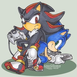 Size: 848x840 | Tagged: safe, artist:pichu-chan, shadow the hedgehog, sonic the hedgehog, hedgehog, 2011, back to back, controller, dreamcast, duo, frown, games controller, grey background, holding something, leaning on them, looking at them, looking at viewer, male, sega dreamcast, signature, simple background, smile, uekawa style