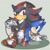 Size: 848x840 | Tagged: safe, artist:pichu-chan, shadow the hedgehog, sonic the hedgehog, hedgehog, 2011, back to back, controller, dreamcast, duo, frown, games controller, grey background, holding something, leaning on them, looking at them, looking at viewer, male, sega dreamcast, signature, simple background, smile, uekawa style