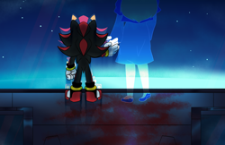Size: 6466x4201 | Tagged: safe, artist:tails090, maria robotnik, shadow the hedgehog, hedgehog, human, 2024, abstract background, blood, blood stain, duo, from behind, ghost, holding hands, reflection, space, space colony ark, standing, star (sky)