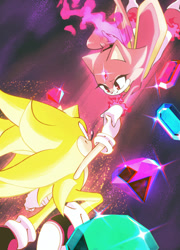 Size: 1280x1774 | Tagged: safe, artist:nanobutts, blaze the cat, burning blaze, sonic the hedgehog, super sonic, 2023, chaos emerald, duo, gradient background, holding hands, looking at each other, mid-air, redraw, smile, smiling at each other, sol emerald, sonic rush, sparkles, super form