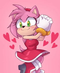 Size: 1500x1800 | Tagged: safe, artist:artkett1412, amy rose, hedgehog, 2022, blushing, gradient background, hands together, heart, looking offscreen, redraw, smile, solo, starry eyes