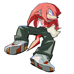 Size: 1167x1167 | Tagged: safe, artist:mugua_0, knuckles the echidna, 2025, clothes, frown, hand behind head, looking offscreen, pants, simple background, solo, white background