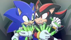 Size: 2048x1152 | Tagged: safe, artist:koudokutentacle, shadow the hedgehog, sonic the hedgehog, sonic adventure 2, 2024, abstract background, chaos drive, duo, holding something, looking at each other, outline