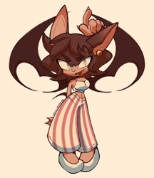 Size: 1770x2048 | Tagged: safe, artist:chaoslose, oc, bat, 2023, clothes, ear piercing, earring, fangs, grey background, hand behind back, mouth open, oc only, open smile, signature, simple background, smile, smiling at viewer, solo, standing, unnamed oc
