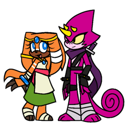 Size: 691x691 | Tagged: safe, artist:chocochurroz, espio the chameleon, tikal, echidna, 2025, belt, chameleon, dark skin, dress, duo, flat colors, katana, redesign, scarf, simple background, smile, standing, white background, yellow sclera