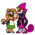 Size: 691x691 | Tagged: safe, artist:chocochurroz, espio the chameleon, tikal, echidna, lizard, 2025, belt, chameleon, dark skin, dress, duo, female, flat colors, katana, male, redesign, scarf, simple background, smile, standing, white background, yellow sclera