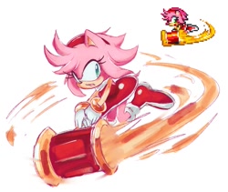 Size: 1200x1014 | Tagged: safe, artist:vixenmatch, amy rose, sonic battle, 2025, holding something, mouth open, piko piko hammer, redraw, reference inset, simple background, solo, white background