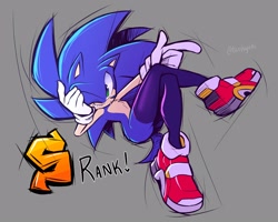 Size: 2048x1639 | Tagged: safe, artist:tsuukiyaki, sonic the hedgehog, hedgehog, 2025, chest fluff, grey background, head rest, legs crossed, looking at viewer, pointing, s rank, signature, simple background, smile, smiling at viewer, soap shoes, solo, stage ranking, stockings, wink, winking at viewer