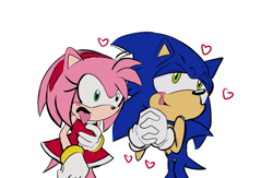 Size: 825x538 | Tagged: safe, artist:giugabs, amy rose, sonic the hedgehog, hedgehog, 2020, blushing, disgust, duo, flat colors, hands together, heart, personality swap, simple background, smile, standing, tongue out, white background