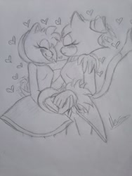 Size: 1536x2048 | Tagged: safe, artist:nessquiks, amy rose, blaze the cat, 2023, amy x blaze, blushing, duo, eyes closed, heart, holding hands, lesbian, line art, pencilwork, shipping, smile, traditional media