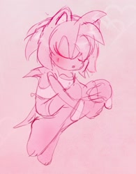 Size: 1113x1429 | Tagged: safe, artist:finalrushed, amy rose, 2021, barefoot, blushing, eyes closed, gradient background, monochrome, sketch, solo