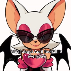 Size: 1910x1910 | Tagged: safe, artist:kiioki11, rouge the bat, 2025, april fools, caption, english text, looking at viewer, simple background, smile, smiling at viewer, solo, standing, sunglasses, text, white background