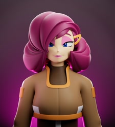 Size: 900x1000 | Tagged: safe, artist:wwolforam, human, 2025, 3d, gradient background, lidded eyes, looking at viewer, professor victoria, smile, smiling at viewer, solo