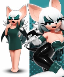 Size: 1123x1336 | Tagged: safe, artist:wwolforam, rouge the bat, 2025, 3d, abstract background, alternate outfit, barefoot, cleavage, eyes closed, lidded eyes, looking at viewer, mouth open, pijamas, smile, solo, yawning
