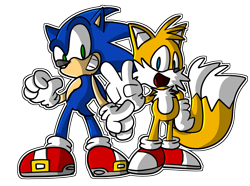 Size: 1424x1062 | Tagged: safe, artist:cstuff7, miles "tails" prower, sonic the hedgehog, 2020, duo, looking at viewer, outline, pointing, simple background, smile, sonic and tails r (series), standing, transparent background, v sign