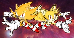 Size: 2048x1046 | Tagged: safe, artist:chronocrump, miles "tails" prower, sonic the hedgehog, super sonic, super tails, 2021, abstract background, duo, flying, looking at viewer, mid-air, obtrusive watermark, reaching out, signature, smile, smiling at viewer, sonic and tails r (series), super form, uekawa style, watermark