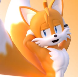 Size: 720x712 | Tagged: suggestive, artist:kabalmystic, miles "tails" prower, 3d, arms behind head, gradient background, lidded eyes, looking at viewer, mouth open, open smile, smile, solo