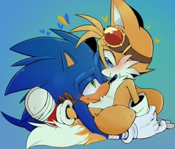 Size: 1200x1022 | Tagged: safe, artist:funkiepoop, miles "tails" prower, sonic the hedgehog, 2025, blushing, duo, gay, gradient background, heart, hugging, one eye closed, shipping, sitting, smile, smiling at each other, sonic boom (tv), sonic x tails