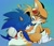 Size: 1200x1022 | Tagged: safe, artist:funkiepoop, miles "tails" prower, sonic the hedgehog, 2025, age difference, blushing, duo, gay, gradient background, heart, hugging, one eye closed, shipping, sitting, smile, smiling at each other, sonic boom (tv), sonic x tails