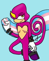 Size: 478x587 | Tagged: safe, artist:loudduo_coping, espio the chameleon, 2024, blue background, flag, pride, pride flag, simple background, smile, solo, top surgery scars, trans male, trans pride, transgender