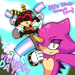 Size: 1280x1280 | Tagged: safe, artist:lev0shka, charmy bee, espio the chameleon, 2025, duo, english text, flag, gradient background, holding something, pride, pride flag, text, trans male, trans pride, trans visibility day, transgender