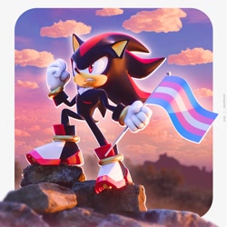 Size: 1000x1000 | Tagged: safe, artist:wwolforam, shadow the hedgehog, 2025, 3d, abstract background, clouds, flag, pride, pride flag, rock, solo, top surgery scars, trans male, trans pride, transgender