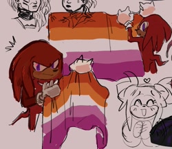 Size: 807x700 | Tagged: safe, artist:42yow, knuckles the echidna, 2025, lesbian pride, pink background, positivity, pride, pride flag, simple background, smile, solo