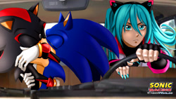 Size: 1200x675 | Tagged: safe, artist:nara_vhs, shadow the hedgehog, sonic the hedgehog, human, 2025, car, driving, gay, hatsune miku, kiss, shadow x sonic, shipping, sonic racing crossworlds, steering wheel, trio