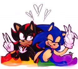 Size: 2048x1820 | Tagged: safe, artist:finalbiohazard, shadow the hedgehog, sonic the hedgehog, 2025, duo, face paint, gay, gay pride, heart, linking arms, nonbinary, nonbinary pride, pride, pride flag, shadow x sonic, shipping, signature, smile, trans male, trans pride, transgender