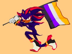 Size: 2048x1523 | Tagged: safe, artist:finalrushed, shadow the hedgehog, 2021, flag, holding something, looking at viewer, nonbinary, nonbinary pride, orange background, pride, pride flag, simple background, solo, solo nonbinary