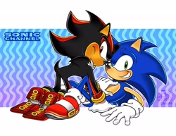 Size: 2048x1582 | Tagged: safe, artist:flipthycanvas, shadow the hedgehog, sonic the hedgehog, 2025, abstract background, blushing, duo, gay, looking at viewer, shadow x sonic, shipping, uekawa style