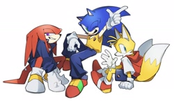 Size: 2048x1232 | Tagged: safe, artist:omiso_05_, knuckles the echidna, miles "tails" prower, sonic the hedgehog, 2025, alternate outfit, clothes, looking at viewer, sitting, smile, team sonic, trio, yellow shoes