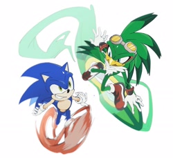Size: 2048x1879 | Tagged: safe, artist:satosi_peter, jet the hawk, sonic the hedgehog, 2025, duo, extreme gear, looking at each other, running, simple background, smile, smiling at each other, white background