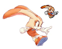 Size: 1200x948 | Tagged: safe, artist:vixenmatch, cream the rabbit, sonic battle, 2025, looking offscreen, mouth open, pointing, redraw, reference inset, simple background, solo, white background