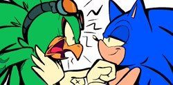 Size: 1614x793 | Tagged: safe, artist:mercurioshadowz, jet the hawk, sonic the hedgehog, 2025, angry, clenched fist, duo, flat colors, lidded eyes, looking at each other, mouth open, simple background, smile, smug, white background, yelling