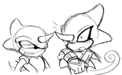 Size: 1028x639 | Tagged: safe, artist:not_talia_lol, espio the chameleon, 2025, arms folded, classic espio, duo, flat colors, looking at them, looking offscreen, monochrome, mouth open, self paradox, simple background, sketch, squinting, surprised, white background