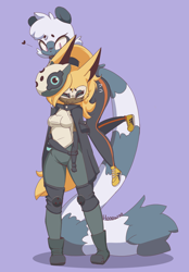Size: 1304x1876 | Tagged: safe, artist:honowyn, tangle the lemur, whisper the wolf, 2020, cute, duo, eyes closed, frown, heart, purple background, signature, simple background, smile, standing, tail stand, tangabetes, whispabetes