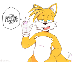 Size: 2499x2182 | Tagged: safe, artist:footfoxxy, miles "tails" prower, 2025, dialogue, english text, hand behind back, lidded eyes, looking offscreen, mouth open, simple background, solo, standing, talking, text, white background