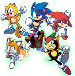 Size: 2624x2676 | Tagged: safe, artist:waniramirez, knuckles the echidna, mighty the armadillo, miles "tails" prower, ray the flying squirrel, sonic the hedgehog, sonic mania, 2018, classic knuckles, classic mighty, classic ray, classic sonic, classic tails, debris, flying, gradient background, group, holding something, looking at viewer, mid-air, smile, smiling at viewer, sonic mania plus, spinning tails, standing, standing on one leg, standing on something, v sign
